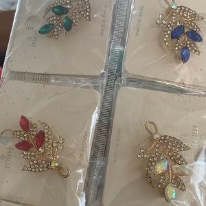Rhinestone Leaf Brooches Set - (12) Gold Tone with Clear , pink, black, red